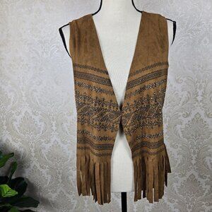 Voice of California Size Small Tan Fringed Vest Gunmetal Crystal Embellishments